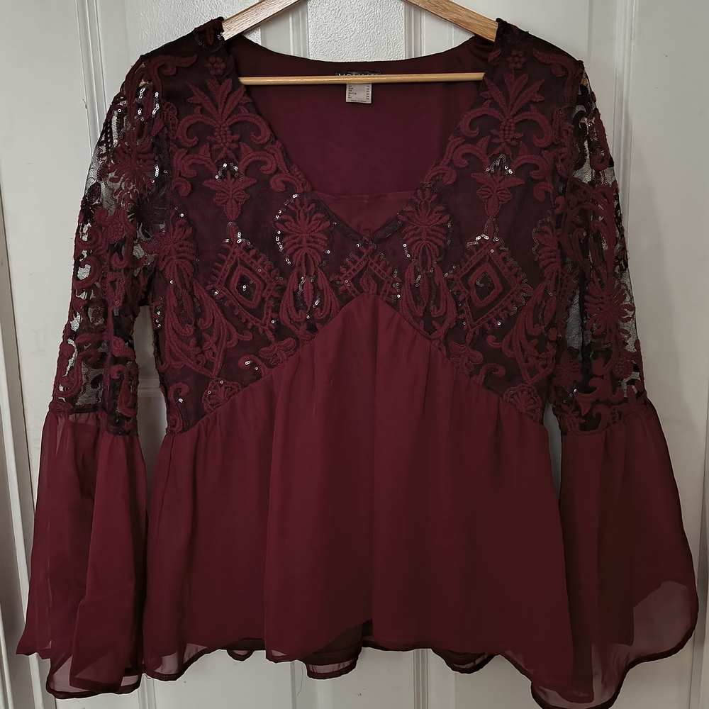 Venus Womens Burgandy Lace Bell sleeve V Neck Babydoll Blouse Plus SZ 16 Witchy
